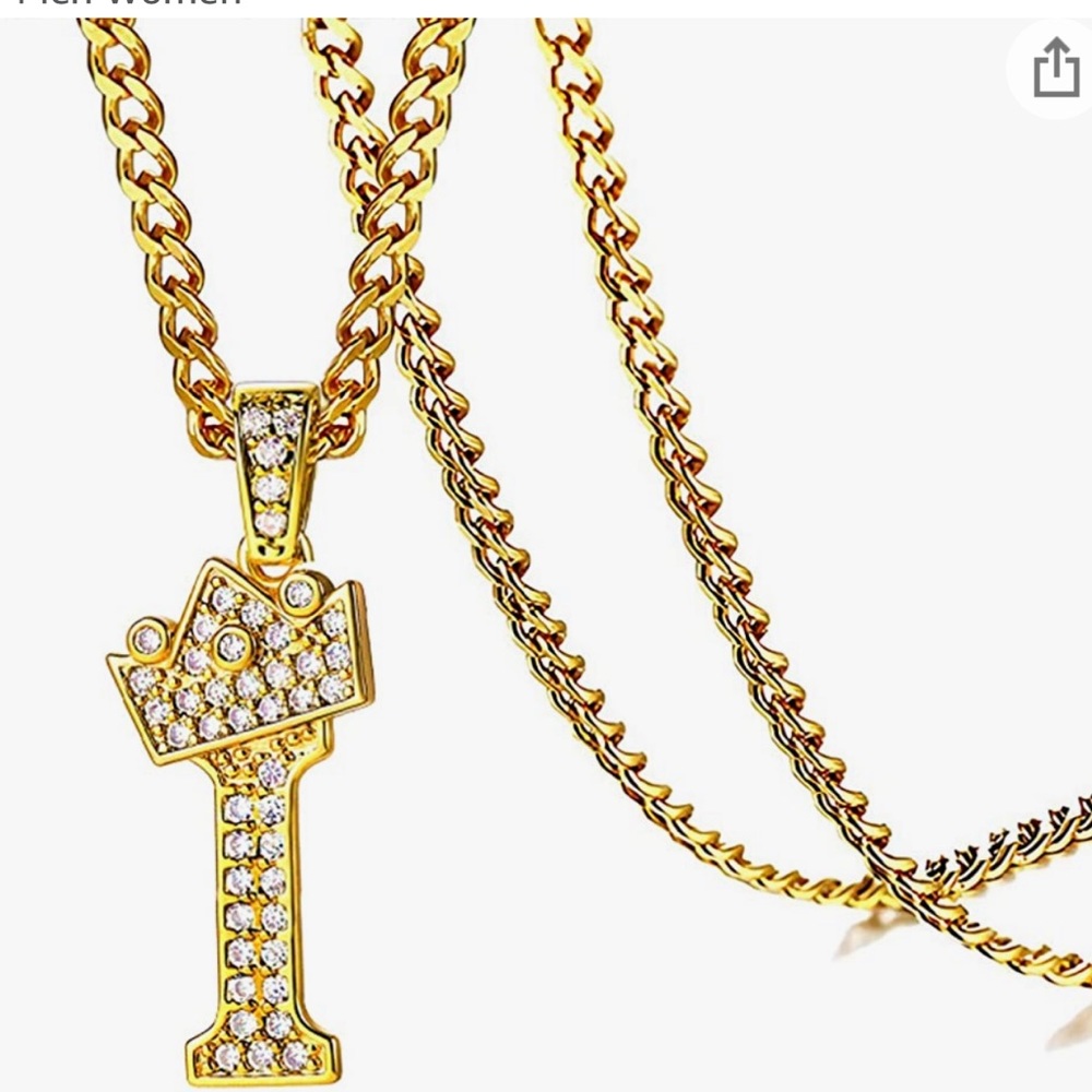 Letter I Unisex Crown King Necklace Initial Letter